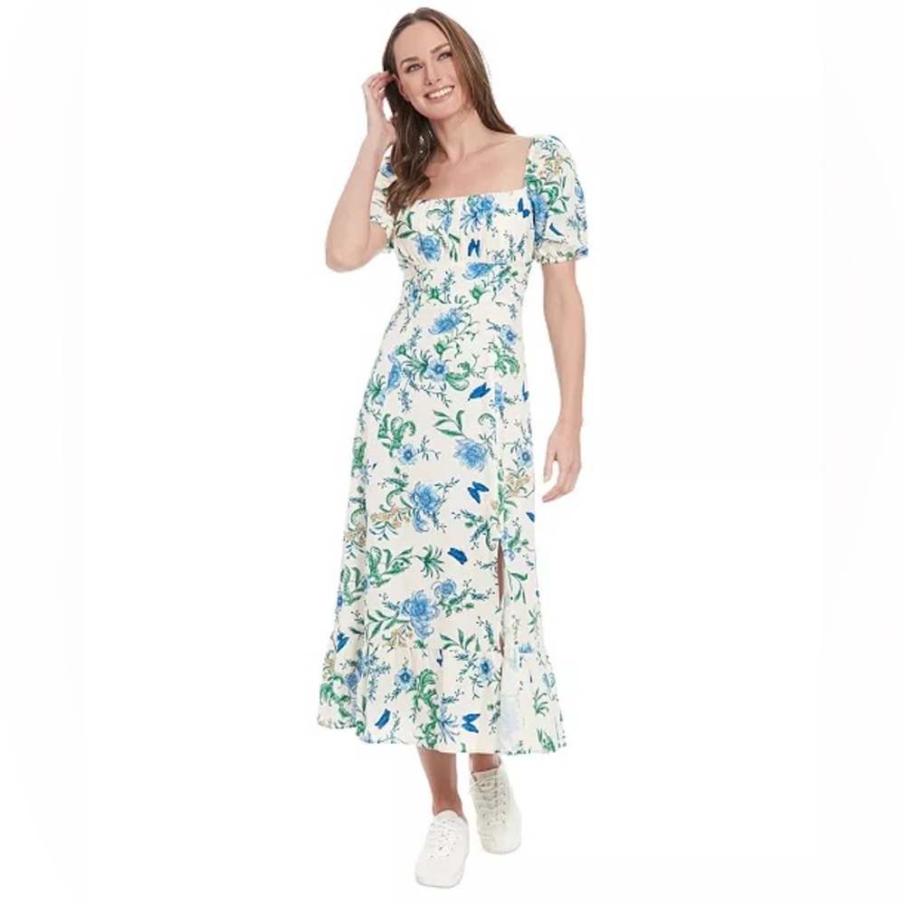 London Times Petite Linen-Blend Floral-Print Maxi Dress